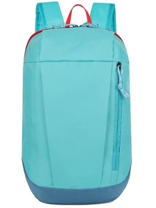 Sky blue and navy outdoor sports backpack with red zipper pulls on a white background