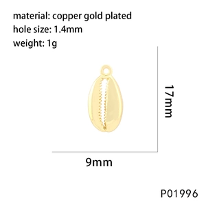 Technical specs of 17mm gold-plated shell pendant with dimensions and weight info
