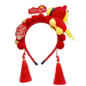 Chinese New Year pony headband with red plush tassels and lucky charms for kids
