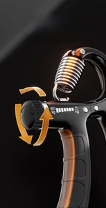 Detailed close-up of adjustable hand gripper with 5kg to 60kg resistance scale knob