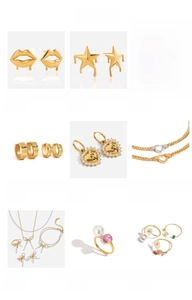 Kollektion von 18 Karat vergoldetem Edelstahlschmuck mit Lippen- und Kirschmotiven
