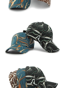 Detail showing marble pattern graffiti baseball caps in blue, green, and brown colors