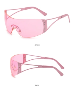 Y2K futuristic shield sunglasses for women, pink wrap around rimless fashion eyewear detail view.