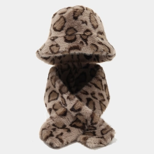 Close-up of leopard print winter hat and scarf set in soft faux fur plush texture