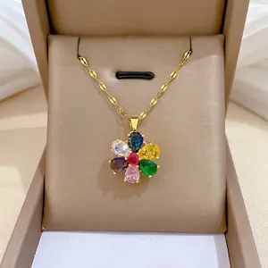 Flower Pendant Necklace Gold Plated Stainless Steel Chain Multi Color Cubic Zirconia Elegant Floral Jewelry Women Gift