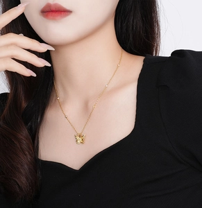 Detail of s925 sterling silver butterfly pendant with white zircon on gold chain