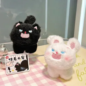 Cute fluffy black and white cat plush keychains with angry expressions for bags