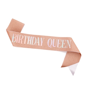 Rose gold glitter sash with holographic Birthday Queen text for party decoration