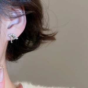 Vue détaillée de boucles d'oreilles argentées en éventail avec zircons étincelants