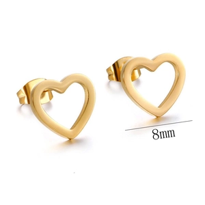 Minimalist 8mm hollow heart stud earrings in golden finish with butterfly back closures