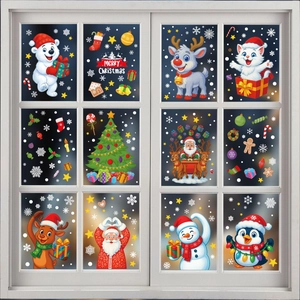 Christmas window decals with Santa, snowman and reindeer designs for festive home decoration