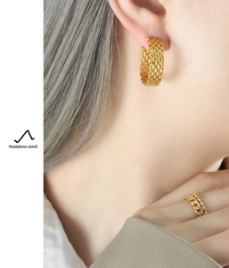 Close-up of golden braided mesh hoop earring and matching chain ring on model