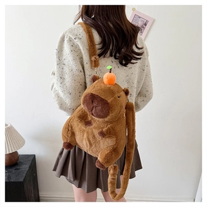 Brown plush Capybara backpack with orange fruit detail shown on model's back