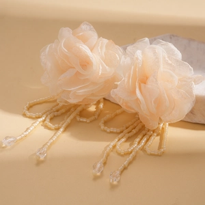 Exquisite cream chiffon flower earrings with long bead tassels and crystal pendants