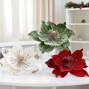 Artificial Christmas Flower Velvet Cloth Magnolia With Glitter Sequins For Tree Decor Elegant Festive Home Ornament