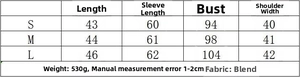 Size chart for casual faux suede jacket including length sleeve bust and shoulder specs