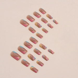Long square press-on nails set featuring multi-color abstract wavy line patterns