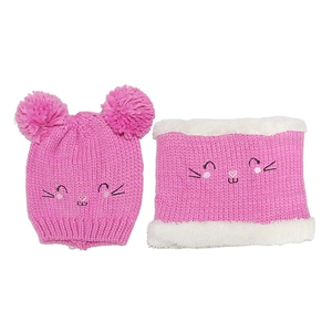 Winter girls' cat knit hat and scarf set in bright pink with plush trim and pom-poms