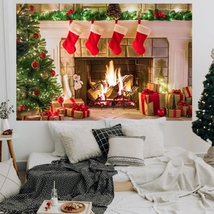 Christmas tapestry with fireplace and tree hung in bedroom for holiday party decor