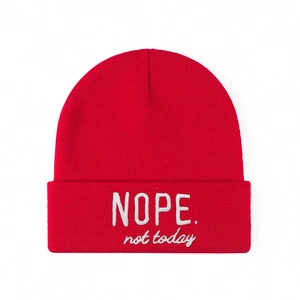 Red knit beanie with NOPE not today embroidery for men and women's winter casual wear