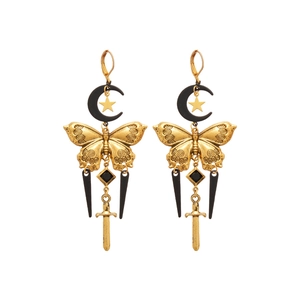 Boucles d'oreilles vintage françaises avec papillon, lune et pompon épée noire gothique