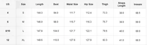 Detailed size chart for maternity corduroy overalls showing measurements in US sizes S to XL