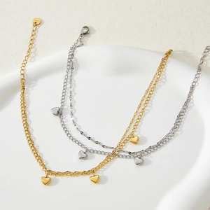 Bracelet De Cheville À Double Couche Cœur En Acier Inoxydable Pendentif Cœur 3D Bijoux De Pied Minimalistes Pour Femmes Filles