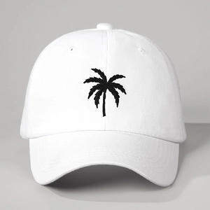 Detail of white cotton baseball cap featuring high-quality black palm tree embroidery