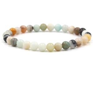 Multi-colored natural stone beaded stretch bracelet with round sphere beads on white background