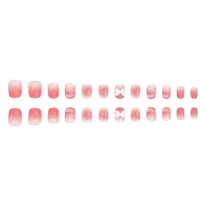 Pink gradient shell style press-on nails set with white marble and 3D bow details