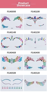 Detail view of colorful face gem stickers in various crystal patterns for festive makeup
