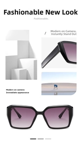 Detail view of black square sunglasses featuring purple gradient lenses and glossy frames