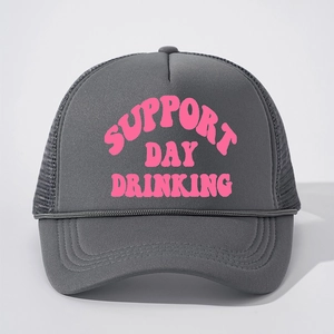 Vintage gray trucker hat with pink Support Day Drinking text and breathable mesh design