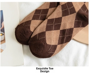 Detailed close-up of seamless toe stitching on argyle pattern cotton crew socks