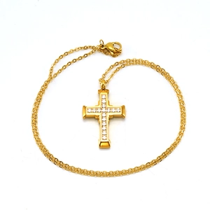 Elegant gold-plated stainless steel cross necklace with pavé-set sparkling zircon stones