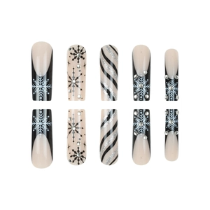 French press-on nails with Christmas snowflakes and sparkling silver glitter rhinestones