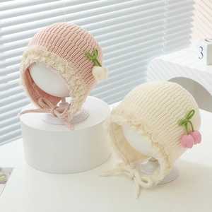 Infant Baby Girl Knit Earflap Hat Winter Warm Lace Flower Bonnet With Bow Tie Bowknot Beanie For Toddler