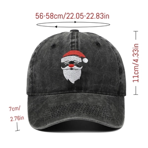 Close-up of Santa Claus embroidery on washed denim baseball cap with size dimensions
