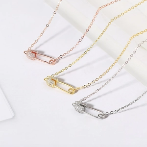Dainty Hollow Safety Pin Necklace Pave Zirconia Copper Plated Fashion Jewelry For Women