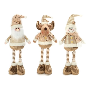 Three plush Christmas figurines featuring Santa, reindeer and snowman with gold sequins