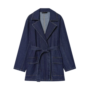 Trench-Coat En Jean Pour Femmes Manches Longues Col Rabattu Ceinture À La Taille Longueur Moyenne Veste Décontractée