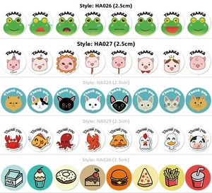 Detail view of various 2.5cm cartoon animal and food decorative sealing stickers