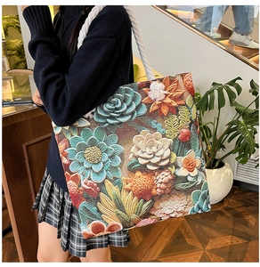 Detail of floral embroidery on high-capacity canvas tote bag with cotton rope handles