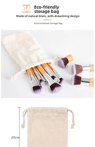 Close-up of bamboo makeup brush set with eco-friendly linen drawstring bag and size marking