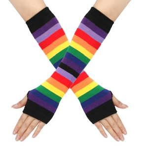 Close-up of rainbow striped knitted arm warmers with fingerless thumb hole design