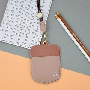 Acorn shaped PU leather ID card holder with dark brown lanyard and gold metal clip