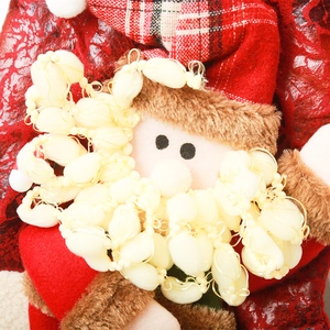 Detail of Christmas plush Santa Claus doll featuring a curly white faux fur beard and plaid hat