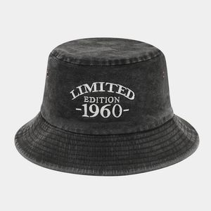 Dark grey washed cotton bucket hat with white Limited Edition 1960 embroidery and air eyelets