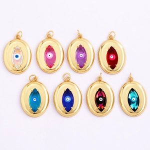 Gold-plated copper evil eye pendants with colorful marquise stones in eight distinct colors
