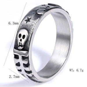 Punk style stainless steel skull ring with star pattern and 6.3mm width specification
